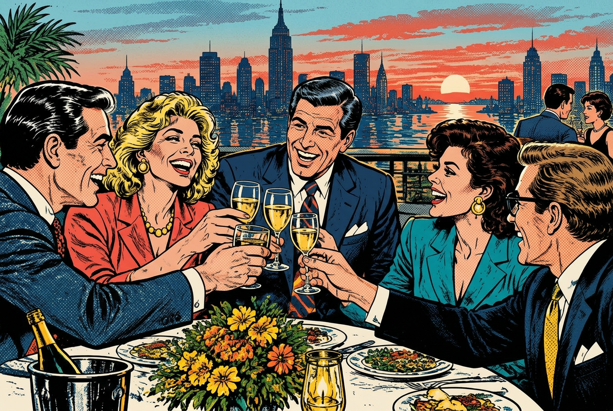 Executives toasting at a rooftop dinner overlooking a city skyline, in retro comic book style